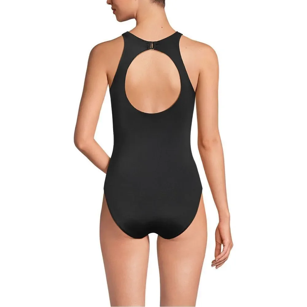 Land's End Plus Standard size 1 piece swimsuit portrait back high neck black Var